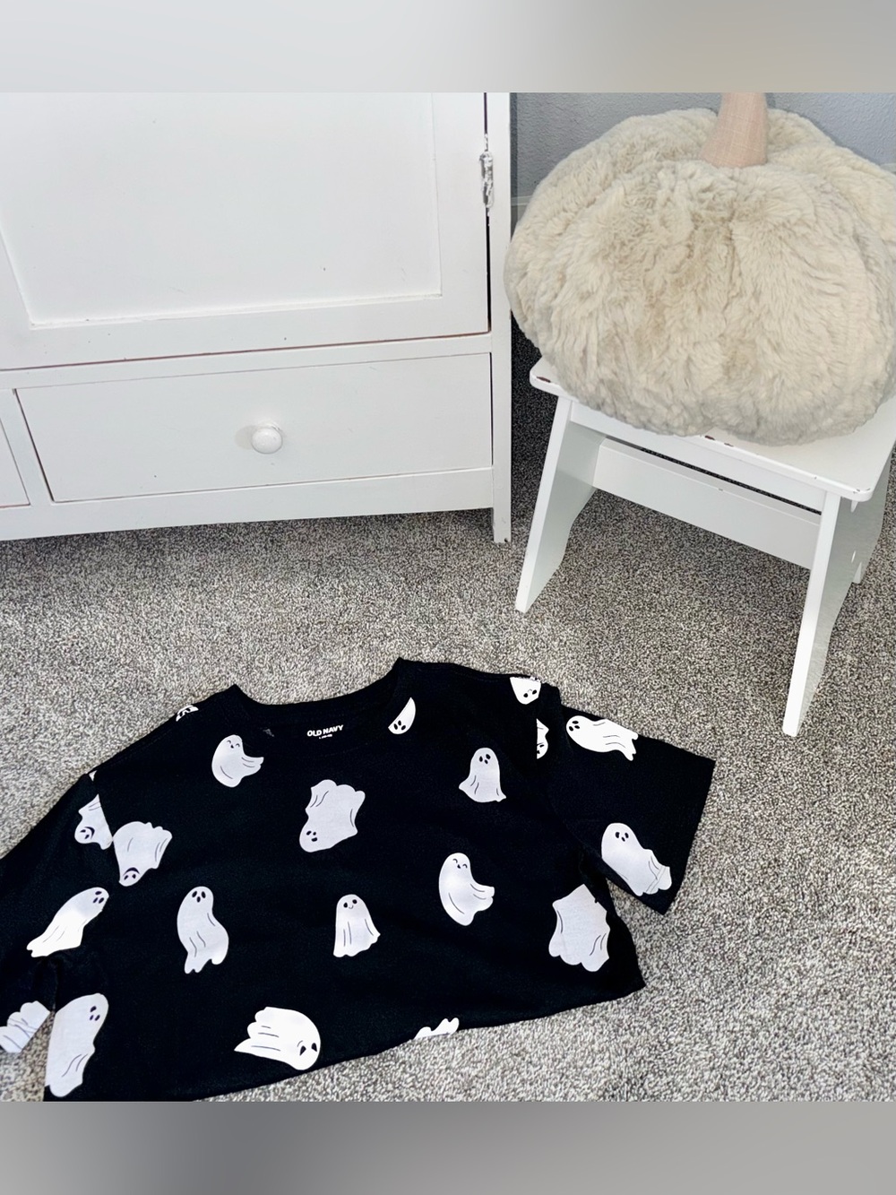 OLD NAVY |  Black Halloween Tee W/ White Ghost Print | LG (10/12) * NWOT *
